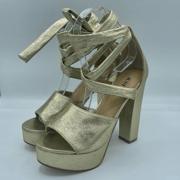 Gold Faux Leather Ankle Tie Sandal Heels Size 7 - Picture 14 of 16